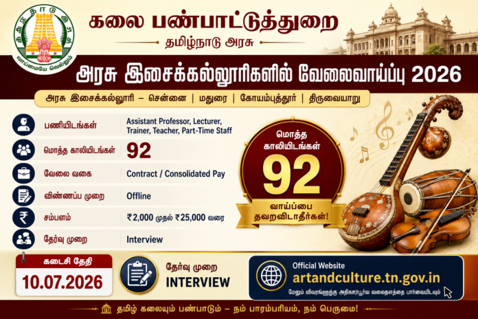 🎶 Tamil Nadu Government Music College Recruitment 2026 – 92 Lecturer, Trainer பணியிடங்கள்!