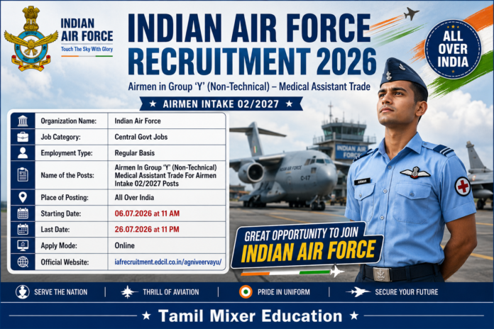 ✈️ Indian Air Force Group Y Medical Assistant Recruitment 2026 – 12th / D.Pharm / B.Pharm தகுதியாளர்களுக்கு Air Force வேலைவாய்ப்பு! 🔥
