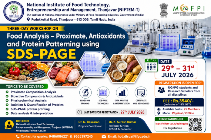 🧪 NIFTEM-T 3 நாள் Food Analysis Workshop 2026: UG/PG மாணவர்களுக்கு சிறந்த பயிற்சி!