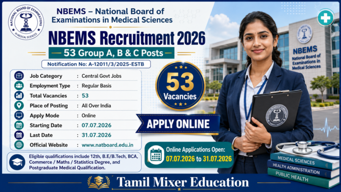 🏥 NBEMS Recruitment 2026: 12th முதல் PG Medical வரை தகுதி! 53 Central Govt Jobs – Online Apply தொடங்கியது!
