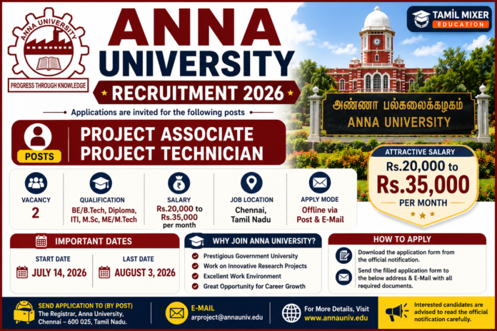 Anna University Recruitment 2026: ₹35,000 சம்பளத்தில் Project Associate வேலை! 🎓