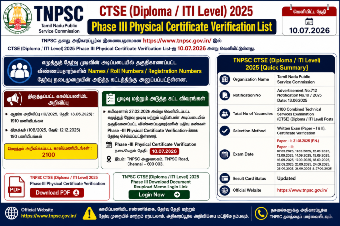 📢 TNPSC CTSE Result 2025: Phase III Certificate Verification List வெளியீடு – Register Number Check செய்யுங்கள்!