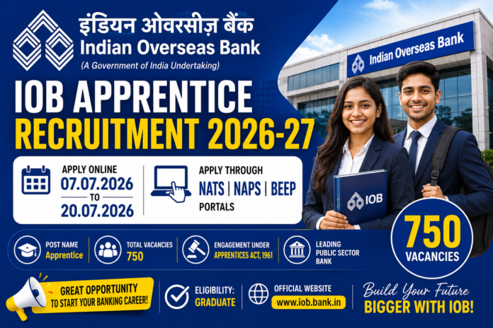 🏦 Indian Overseas Bank IOB Apprentice Recruitment 2026 – 750 காலியிடங்கள் | பட்டதாரிகளுக்கு அருமையான வாய்ப்பு! 🔥