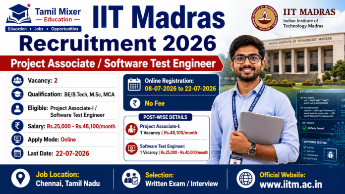 📢 IIT Madras Recruitment 2026: BE/B.Tech, M.Sc, MCA முடித்தவர்களுக்கு Project Associate & Software Test Engineer வேலைவாய்ப்பு!