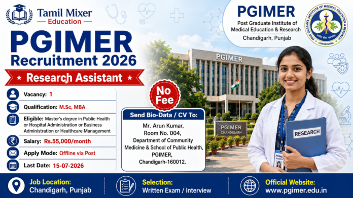 📢 PGIMER Recruitment 2026: M.Sc / MBA முடித்தவர்களுக்கு Research Assistant வேலைவாய்ப்பு!