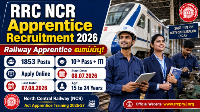 🚆 RRC NCR Apprentice Recruitment 2026: 10th + ITI தகுதிக்கு 1853 Railway Apprentice பணியிடங்கள்!