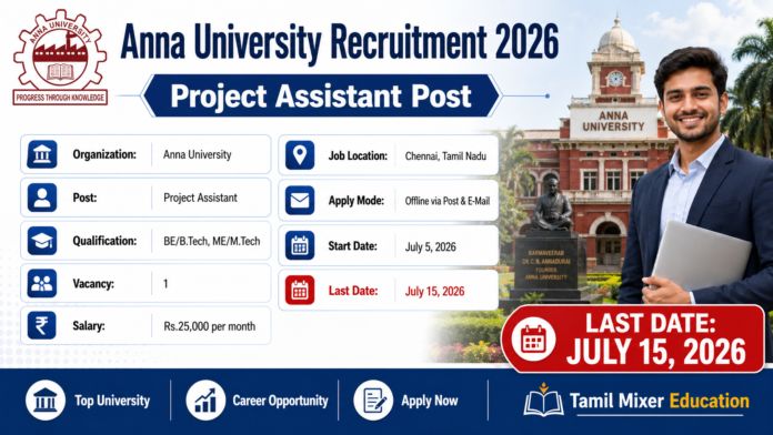 🔧 Anna University Recruitment 2026: Project Assistant வேலைவாய்ப்பு | ₹25,000 சம்பளம்!