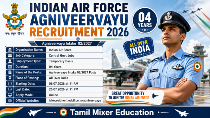 Current Indian Air Force Job Openings: Airmen In Group ‘Y’ (Non-Technical) Medical Assistant Trade For Airmen Intake 02/2027 Indian Air Force Eligibility Criteria: Educational Qualification for Indian Air Force: Medical Assistant trade (For candidates with 10+2): Candidate should have passed 10+2/ Intermediate/ Equivalent Examination with Physics, Chemistry, Biology and English from Education Boards accredited by Central, State and UT with a minimum of Fifty Percentage marks in aggregate and with Fifty Percentage marks in English. OR Should have passed 02 years Vocational Course with non-vocational subjects ie, Physics, Chemistry, Biology and English from Education Boards/ Councils accredited by Central, State and UT with minimum Fifty Percentage marks in aggregate and Fifty Percentage marks in English. Medical Assistant trade (For Applciants with D.Pharm/ B.Pharm): Candidate with Diploma/ B. Pharma/ B.Sc in Pharmacy. Candidate should have passed Intermediate/ 10+2/ Equivalent Examination with Physics, Chemistry, Biology and English with a minimum of Fifty Percentage marks in aggregate and Fifty Percentage marks in English. In addition, Diploma/ B. Pharma/ B.Sc in Pharmacy with minimum Fifty Percentage marks in aggregate with valid registration from State Pharmacy Council or Pharmacy Council of India at the time of enrolment will be mandatory requirement. Age Limit for Indian Air Force: Medical Assistant trade (For candidates with 10+2). Candidate should be unmarried and born between 01.07.2006 and 01.07.2010 (both dates inclusive). Medical Assistant trade (For candidates with Diploma/ B. Pharma/ B.Sc in Pharmacy). Unmarried candidate should be born between 01 July 2003 and 01 July 2008 (both dates inclusive). Married candidate should be born between 01.07.2003 and 01.07.2006 (both dates inclusive). In case, a candidate clear all the stages of the Selection Procedure, then the upper age limit as on date of enrolment should be 21 years for candidates with 10+2/ 12th/ Equivalent including vocational course and 24 Years for Applicants holding Diploma/ B. Pharma/ B.Sc in Pharmacy. Pay Scale for Indian Air Force: A monthly stipend of Rs. 14,600 would be given during training. Upon completion of training, the minimum gross salary scale, which includes Military Service Pay (MSP), is Rs. 26,900 per month. Method of Selection for Indian Air Force: Phase – I: Online Test Phase – II: PFT-I and PFT-II (Physical Fitness Test), Adaptability Test-I, Adaptability Test-II Phase – III: Medical Examination Examination Fee for IAF: For All Applicants – Rs.550/- plus 18% GST Payment Mode: Online How to Submit an Application: Eligible candidates shall apply online between 06.07.2026 at 11 AM and 26.07.2026 at 11 PM (both days inclusive) through the ‘Careers’ page of the Indian Air Force website https://iafrecruitment.edcil.co.in/agniveervayu/ after carefully going through the instructions given in Official Notification. Crucial Dates: Opening Date of online application portal: 06.07.2026 at 11 AM Closing Date of online application portal: 26.07.2026 at 11 PM Indian Air Force Advertisement & Apply Link: Official Career Page of Indian Air Force: Click Here to Website Advertisement for Indian Air Force: Click Here to Download Online Application Form Link Activated Online Application Form Portal for Indian Air Force: Click Here to Apply Frequently Asked Questions (FAQ): Is Indian Air Force positions a Regular job? Yes, its a Regular Basis Job. What is the last date to apply for Airmen In Group ‘Y’ (Non-Technical) Medical Assistant Trade For Airmen Intake 02/2027 recruitment 2026? The last date to submit your online application for the Indian Air Force positions is 26.07.2026 at 11 PM. The online application portal opened on 06.07.2026 at 11 AM. Where will the selected candidates be posted? The official place of posting for all the positions will be All Over India. What is the selection process for Indian Air Force positions? The method of selection depends on the specific job profile but generally includes the following stages: Phase – I: Online Test, Phase – II: PFT-I and PFT-II, Adaptability Test-I, Adaptability Test-II & Phase – III: Medical Examination