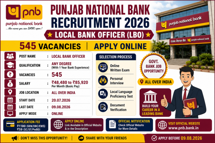 PNB Recruitment 2026: 545 Local Bank Officer பணிகள்; Any Degree தகுதி 🏦
