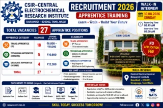 CECRI Karaikudi Recruitment 2026: 27 Apprentice பணிகள்; 8ம் வகுப்பு முதல் தகுதி 🔋