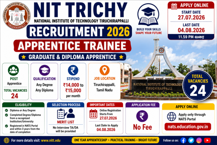 NIT Trichy Recruitment 2026: 24 Apprentice பணிகள்; ₹15,000 வரை Stipend 🎓