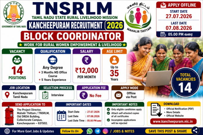 TNSRLM Kanchipuram Recruitment 2026: 14 Block Coordinator பணிகள் 👩‍💼
