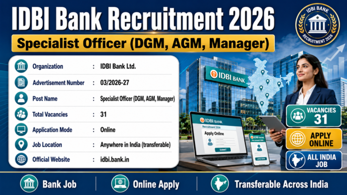 IDBI Bank-ல் 31 Specialist Officer வேலைகள் 2026 🏦 மாதம் ₹2.04 லட்சம் வரை