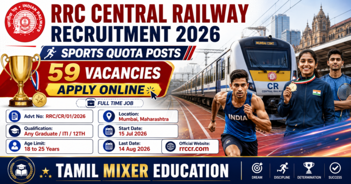 🏅 RRC Central Railway Recruitment 2026: Sports Quota-வில் 59 காலியிடங்கள் – 12th, ITI, Degree தகுதி!