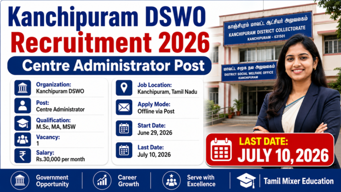 👩‍💼 காஞ்சிபுரம் DSWO Recruitment 2026: Centre Administrator வேலைவாய்ப்பு | ₹30,000 சம்பளம்!