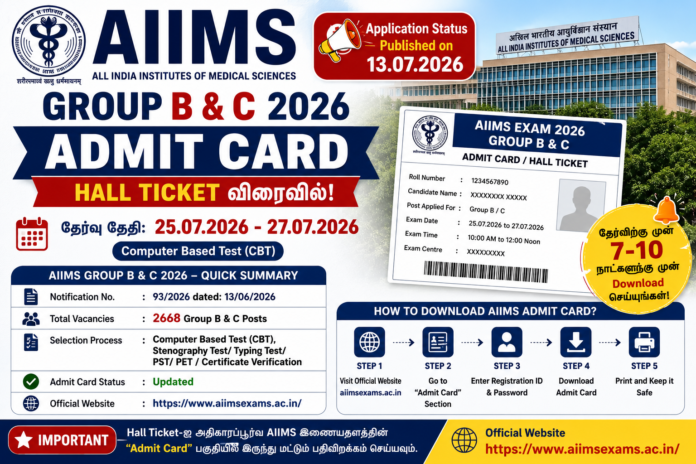 🚨 AIIMS Group B & C Application Status 2026 வெளியீடு: 2,668 பணியிடங்கள் – Hall Ticket எப்போது?