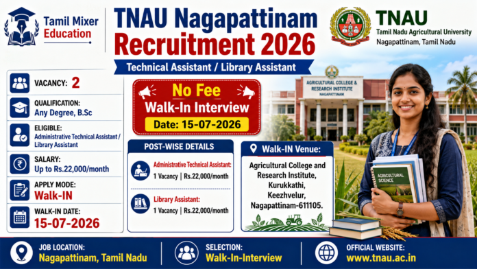 📢 TNAU Nagapattinam Recruitment 2026: Any Degree / Library Science முடித்தவர்களுக்கு Walk-in வேலைவாய்ப்பு!