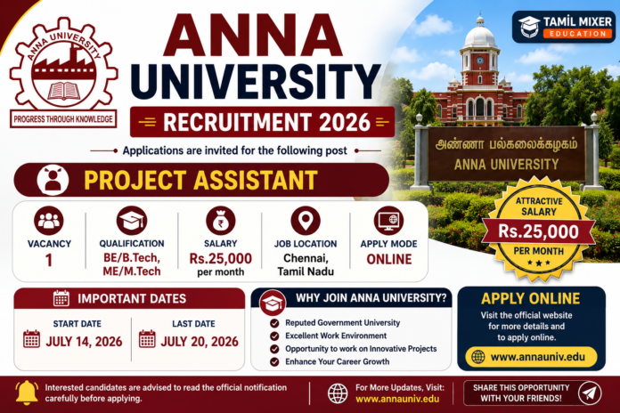 Anna University Recruitment 2026: Engineering பட்டதாரிகளுக்கு Project Assistant வேலை! 🎓
