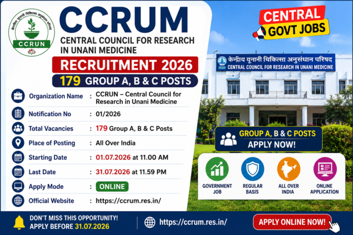 🏥 CCRUM Recruitment 2026: 179 Group A, B & C Central Govt Jobs – Online Apply!