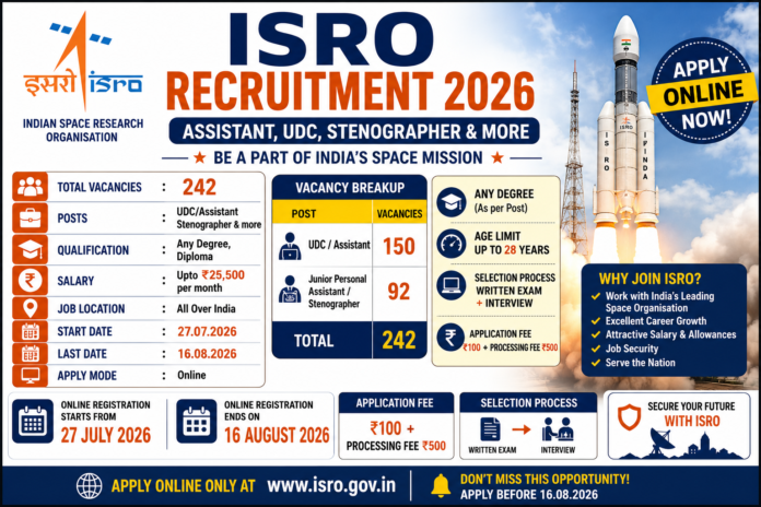ISRO Recruitment 2026: 242 Assistant, UDC, Stenographer பணிகள்; Any Degree தகுதி 🚀