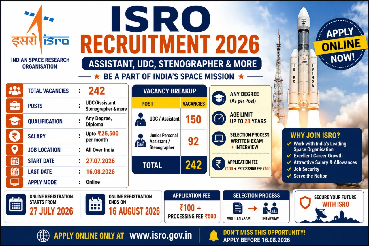 ISRO Recruitment 2026: 242 Assistant, UDC, Stenographer பணிகள்; Any Degree தகுதி 🚀