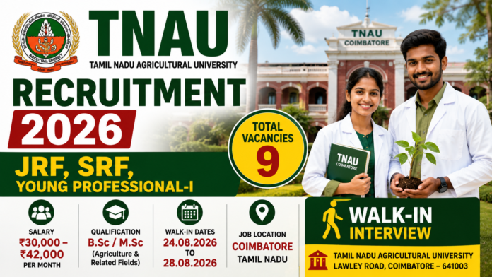 TNAU Recruitment 2026: 9 JRF, SRF Jobs – Walk-In Interview