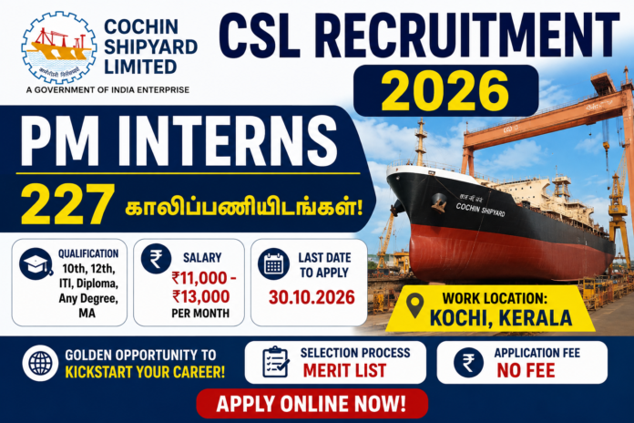 Cochin Shipyard Recruitment 2026: 227 PM Intern Vacancies – Apply Online