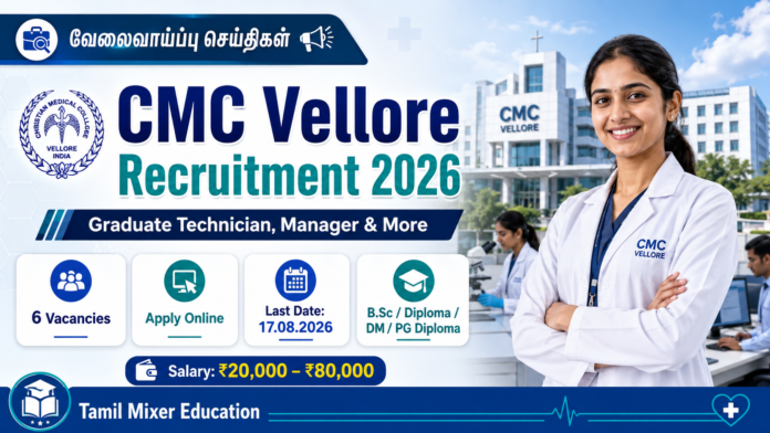 CMC Vellore Recruitment 2026: Manager, Technician உள்ளிட்ட 6 வேலைவாய்ப்புகள் 🏥