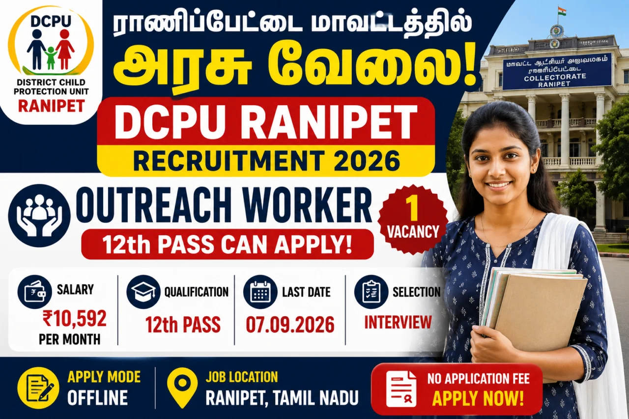 Ranipet DCPU Recruitment 2026: 12th Pass Outreach Worker Job – Apply Offline