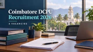 Coimbatore DCPU Recruitment 2026 – 3 காலியிடங்கள்; விண்ணப்பத் தாள், கோப்புகள் மற்றும் மடிக்கணினியுடன் அலுவலகத்தின் பிரதிநிதித்துவப் படம்