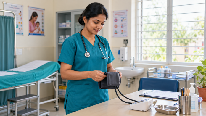 Coimbatore DHS Recruitment 2026 – மருத்துவமனையில் செவிலியரைக் காட்டும் AI விளக்கப்படம்