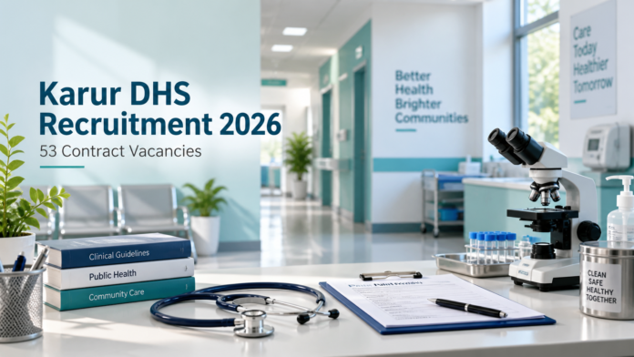 Karur DHS Recruitment 2026 — மருத்துவ உபகரணங்கள் மற்றும் மருத்துவமனை பின்னணியுடன் 53 ஒப்பந்தப் பணிகளுக்கான விளக்கப்படம்