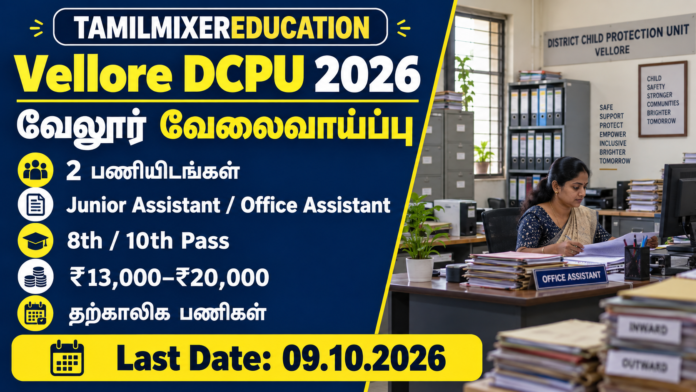 Vellore DCPU Recruitment 2026 – 8th 10th தகுதியில் 2 தற்காலிக பணிகள், ₹13,000–₹20,000 தொகுப்பூதியம், கடைசி நாள் 09.10.2026