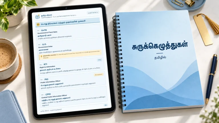 சுருக்கெழுத்துகள் தமிழ் ஈபுக் திறந்துள்ள டேப்லெட்டும், நீல அட்டையுடன் spiral binding செய்யப்பட்ட நூலின் மாதிரிக் காட்சியும்