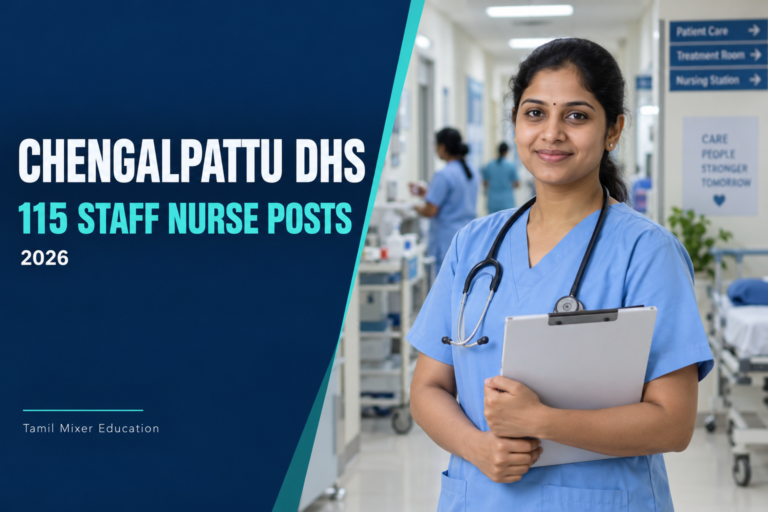 Chengalpattu DHS Recruitment 2026 – 115 Staff Nurse பணிகள்; செவிலியர் பணியை விளக்கும் உருவாக்கப்பட்ட படம்