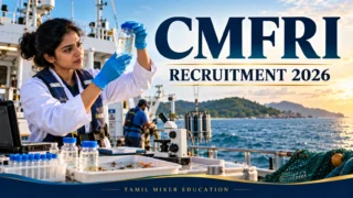 CMFRI Recruitment 2026 – கடல் மாதிரி சேகரிப்பு மற்றும் மீன்வள ஆய்வாளரின் AI விளக்கப்படம்