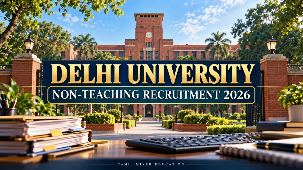 Delhi University Recruitment 2026 – பல்கலைக்கழக வளாகம் மற்றும் அலுவலகப் பணியின் AI விளக்கப்படம்