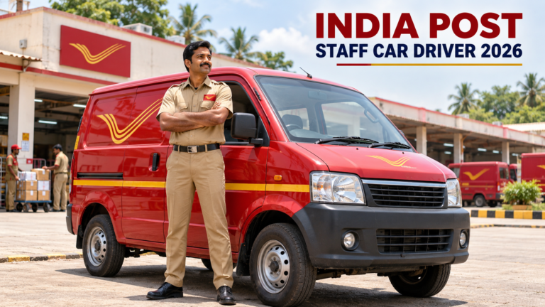 தமிழ்நாடு India Post Staff Car Driver பணிக்கான சிவப்பு அஞ்சல் வாகனமும் ஓட்டுநரும் இடம்பெறும் விளக்கப்படம்