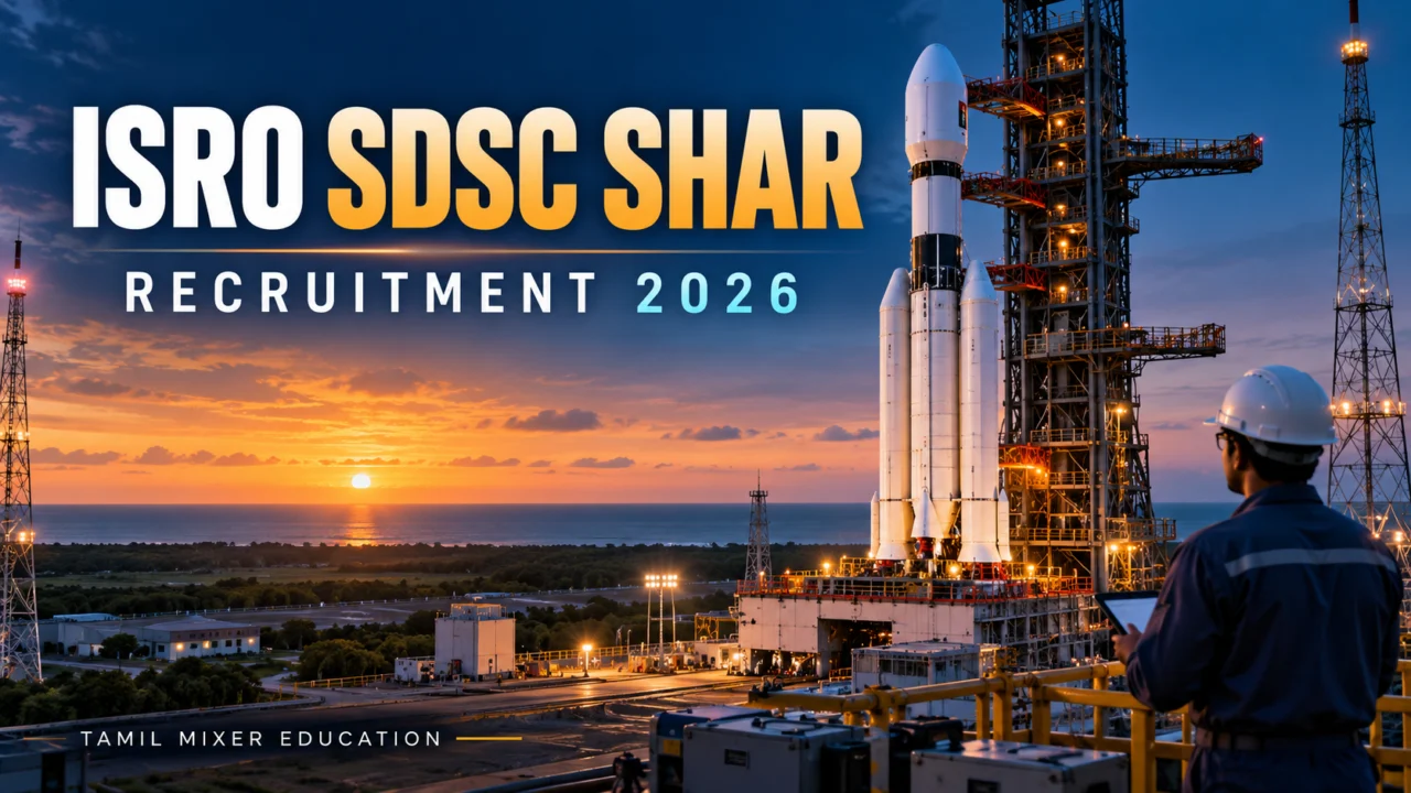 ISRO SDSC SHAR Recruitment 2026 – ராக்கெட் ஏவுதளம் மற்றும் பொறியாளரின் AI விளக்கப்படம்