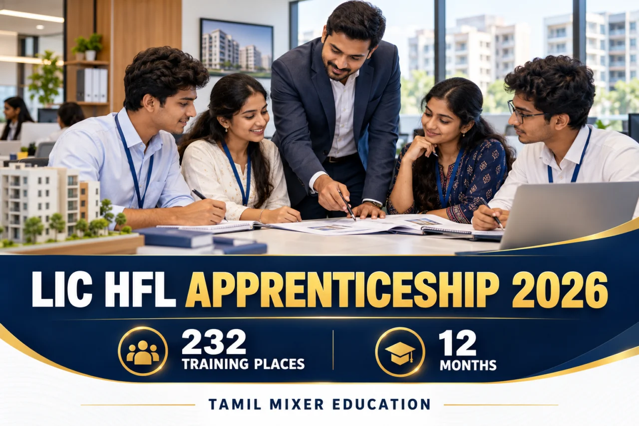 LIC HFL Apprenticeship 2026 – 232 ஓராண்டுப் பயிற்சி இடங்கள்; housing finance அலுவலகத்தில் பட்டதாரிகள் பயிற்சி பெறும் விளக்கப்படம்