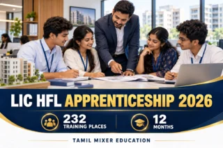 LIC HFL Apprenticeship 2026 – 232 ஓராண்டுப் பயிற்சி இடங்கள்; housing finance அலுவலகத்தில் பட்டதாரிகள் பயிற்சி பெறும் விளக்கப்படம்