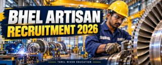 BHEL Artisan வேலைவாய்ப்பு 2026 – பாதுகாப்பு உபகரணங்களுடன் தொழிற்சாலை ஊழியர் குறித்த AI விளக்கப்படம்
