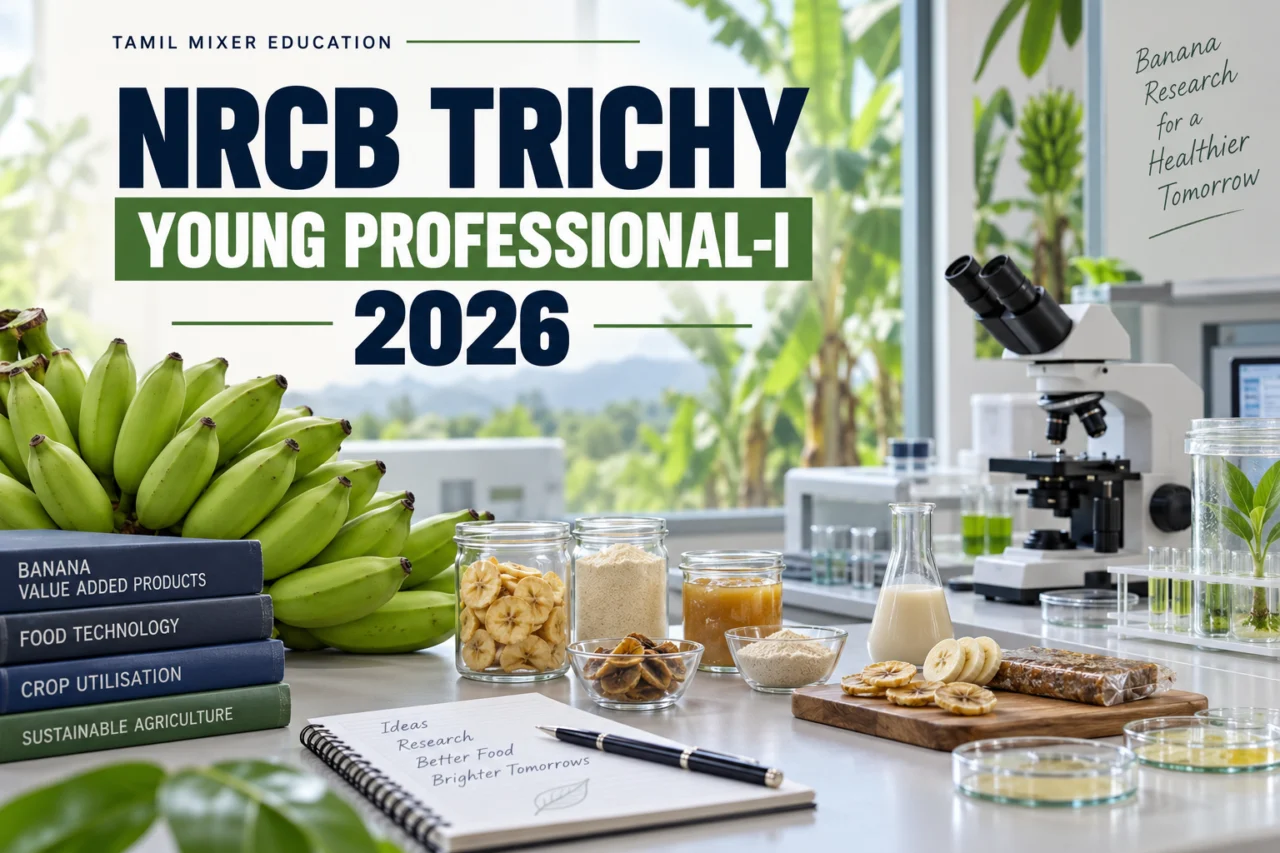 NRCB Trichy Young Professional-I Recruitment 2026 – வாழை மதிப்புக்கூட்டுப் பொருட்கள் ஆய்வை விளக்கும் உருவாக்கப்பட்ட படம்