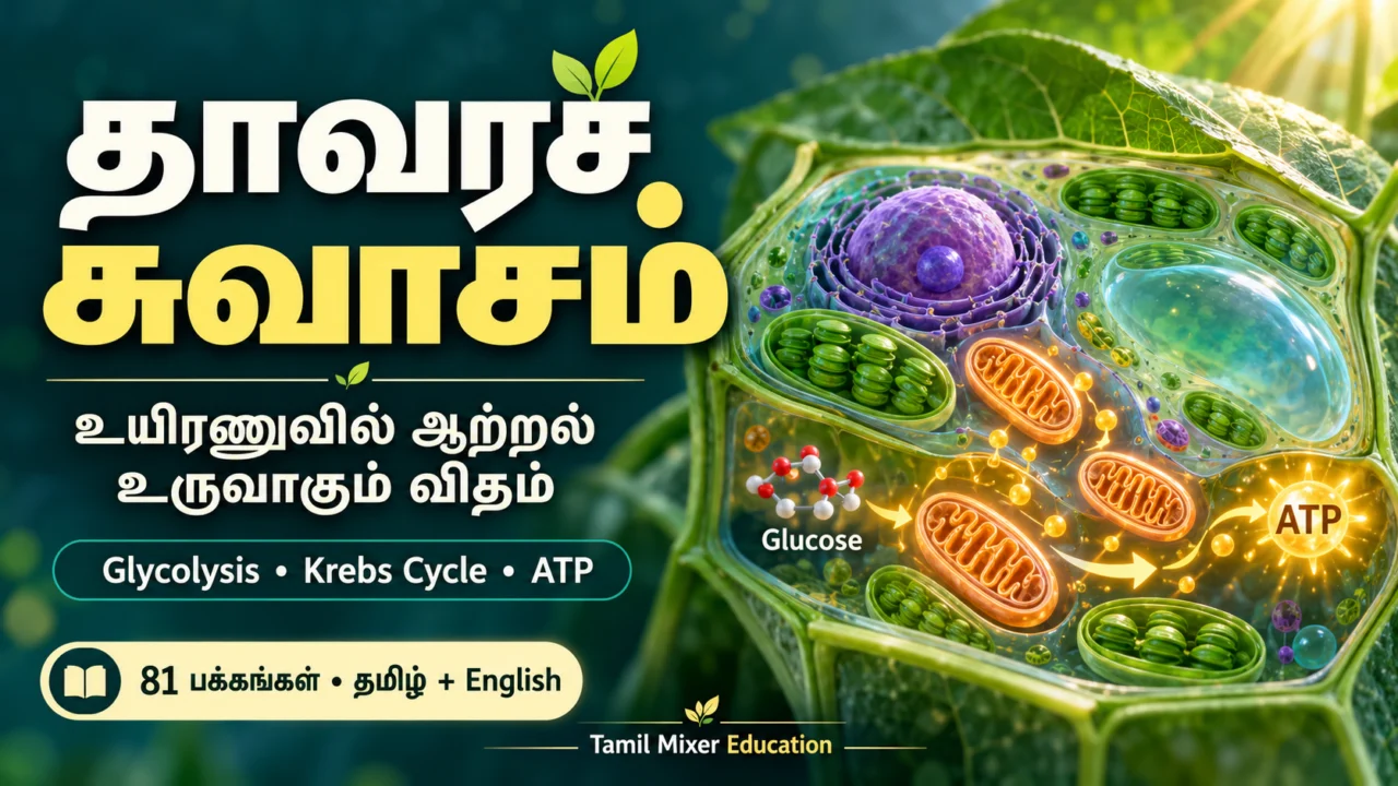 தாவரச் சுவாசம் — தாவர உயிரணு, மைட்டோகாண்ட்ரியா மற்றும் ATP ஆற்றல் உருவாக்கத்தைக் குறிக்கும் விளக்கப்படம்