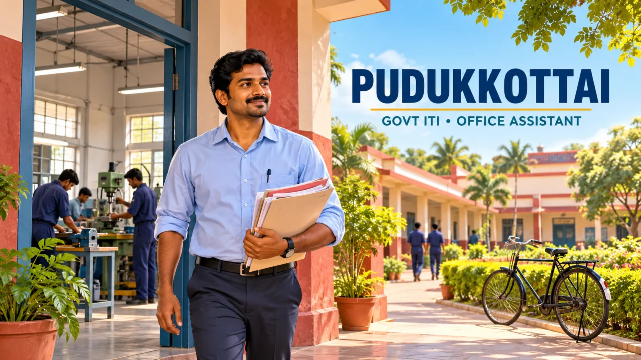 புதுக்கோட்டை அரசு ITI அலுவலக உதவியாளர் பணியைச் சித்தரிக்கும் பயிற்சி வளாகம், கோப்புகள் மற்றும் மிதிவண்டியுடன் கூடிய விளக்கப்படம்
