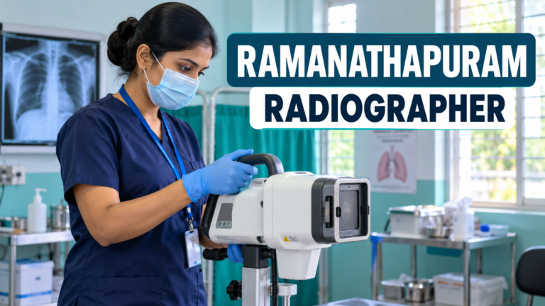 இராமநாதபுரம் NTEP Radiographer தினக்கூலி பணிக்கான கையடக்க X-ray கருவியுடன் நுண்கதிர் தொழில்நுட்ப நிபுணரைச் சித்தரிக்கும் படம்