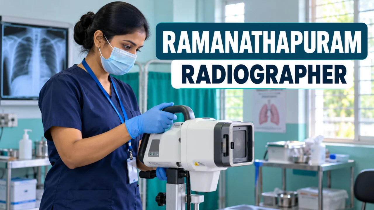 இராமநாதபுரம் NTEP Radiographer தினக்கூலி பணிக்கான கையடக்க X-ray கருவியுடன் நுண்கதிர் தொழில்நுட்ப நிபுணரைச் சித்தரிக்கும் படம்