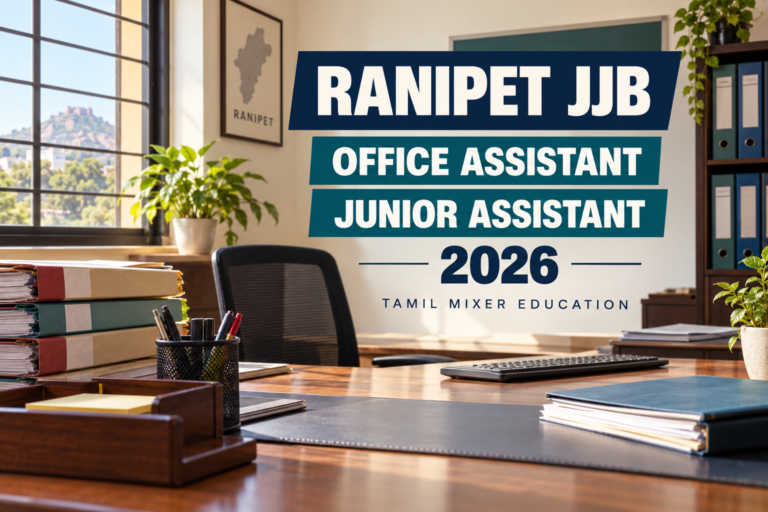 Ranipet JJB Recruitment 2026 – Office Assistant மற்றும் Junior Assistant பணிகளுக்கான உருவாக்கப்பட்ட படம்