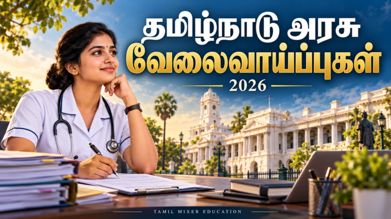 தமிழ்நாடு அரசு வேலைவாய்ப்புகள் 2026 தொகுப்பு – செவிலியர் மற்றும் அரசு அலுவலகக் கட்டிடம் குறித்த AI விளக்கப்படம்