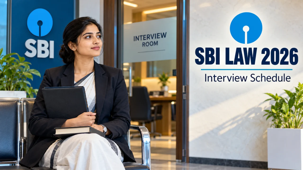 SBI Law 2026 நேர்காணலுக்காக கோப்புடன் காத்திருக்கும் சட்டத் துறை தேர்வரின் விளக்கப்படம்